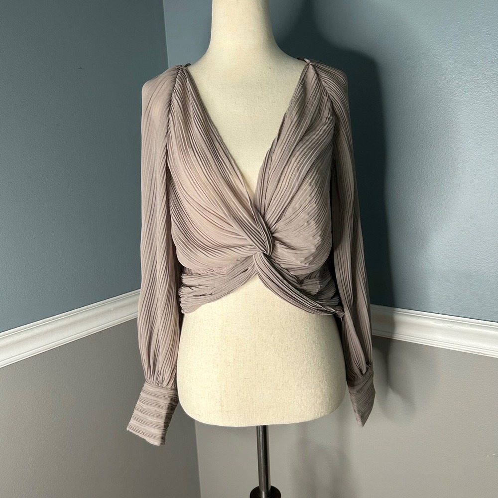 Zara Womens Pleated Deep V-Neck Twist Front Crop‎ Blouse Taupe Long Sleeve NEW